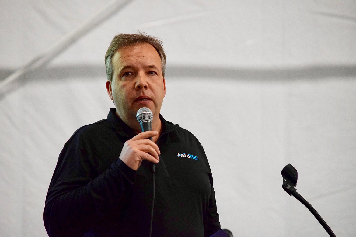 Charles H. Featherstone/Columbia Basin Herald
AeroTEC President Lee Human speaking at a celebration Friday evening inaugurating the company&#146;s new narrow body airplane flight test hangar.