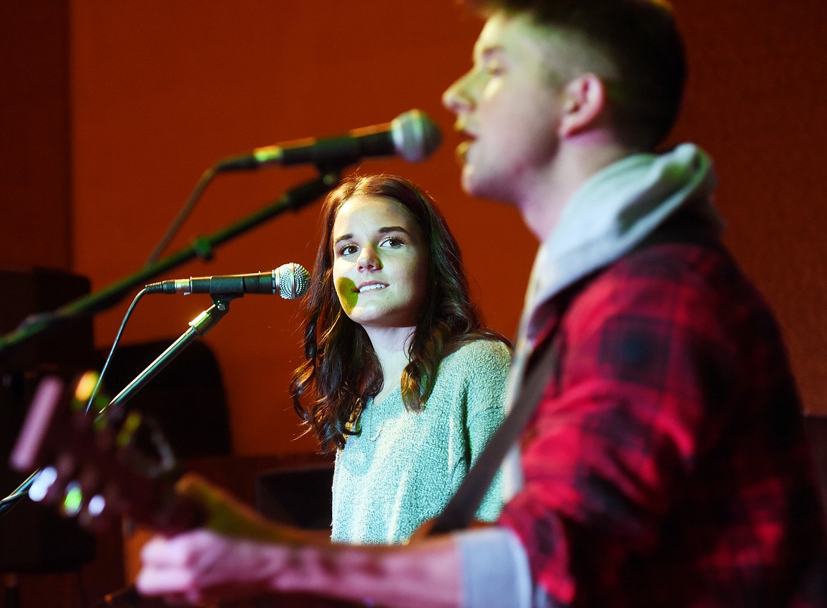 Jael Johnson looks at Caleb Knox as the duo perform at the Kalispell Music Festival on Sunday, Nov. 5, at the Eagles. (Brenda Ahearn/This Week in the Flathead)