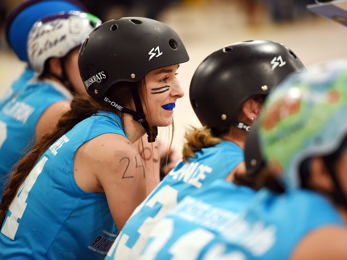 Most Valuable Player and Jammer of the game Jessica Nelson (The Grand Chawnee) waits to get back in the game on Saturday, November 18, at the Flathead County Fairgrounds.(Brenda Ahearn/Daily Inter Lake)