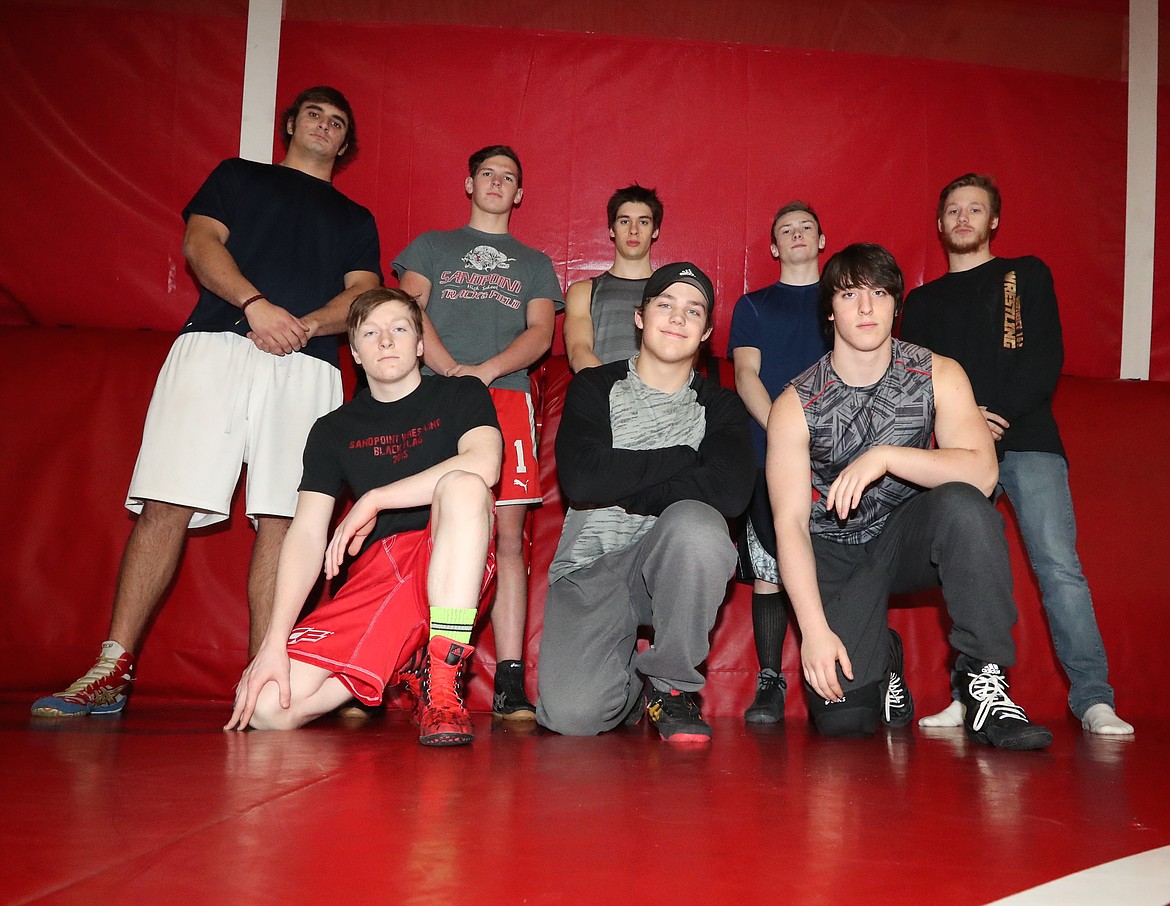 (Photo by ERIC PLUMMER)
Sandpoint senior wrestlers, pictured back row, from left to right: Evan Stickelmeyer, Hyrum Hunsaker, Malachi Mazzare, Levi Sweeny and Tucker Hall. Front row: August Johnson, Andrew Webster and Tekoa Mazzare.