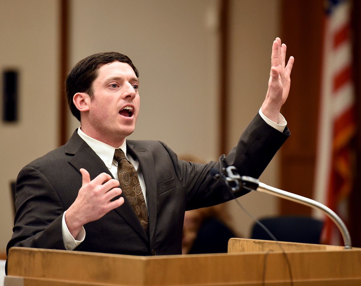 Prosecutor John Donovan gives his closing arguments in the Cecil Rice trial on Tuesday afternoon, December 5. Rice is accused of pushing Anthony Walthers from the Old Steel Bridge causing him to drown in the river and be swept out into Flathead Lake on April 26. Donovan countered the arguments given by Steven Scott and called attention to the difference between the actions of the bystanders who called 911 and raced along the shore trying to save Walthers, who was a stranger to them, and the actions of Rice, who knew the victim and left the scene making no effort to help Walthers.(Brenda Ahearn/Daily Inter Lake)