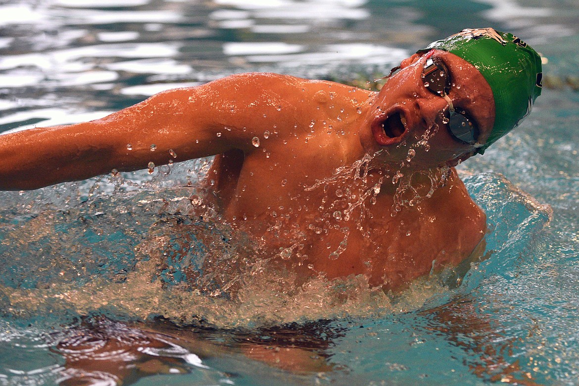 Glacier&#146;s Alex Bertrand makes the turn during the boys 200 IM at the Kalispell Invitational on Saturday. (Casey Kreider/Daily Inter Lake)