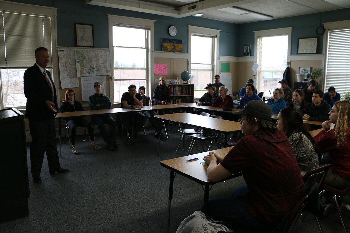 (Photo by MARY MALONE)
Lt. Gov. Brad Little made a stop at Lake Pend Oreille High School to chat with governent and science students as he made his rounds through the local high schools Thursday.