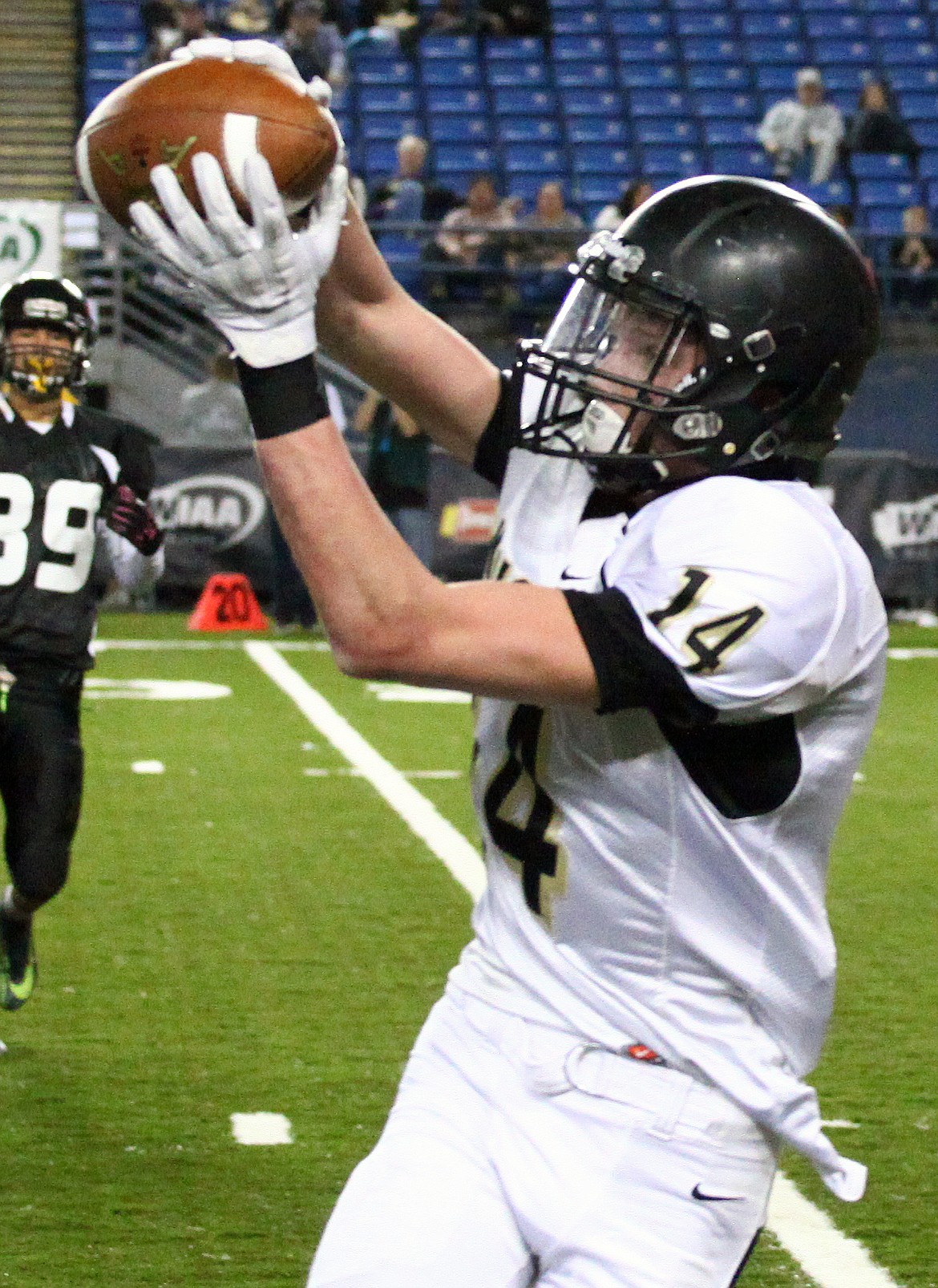 Rodney Harwood/Columbia Basin Herald
Royal senior Corbin Christensen hauls in a key reception on the Knights' drive to score right before the half of Saturday's 1A state championship game at the Tacoma Dome.