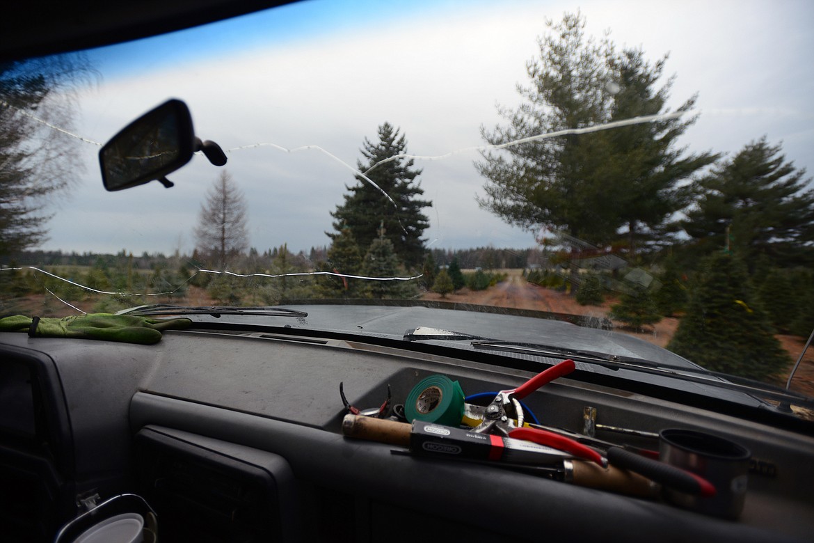 Tree trimming tools and tape on the dashboard of Don Schiltz&#146; truck as he drives around his tree farm near Bigfork on Thursday, Nov. 30. (Casey Kreider/Daily Inter Lake)