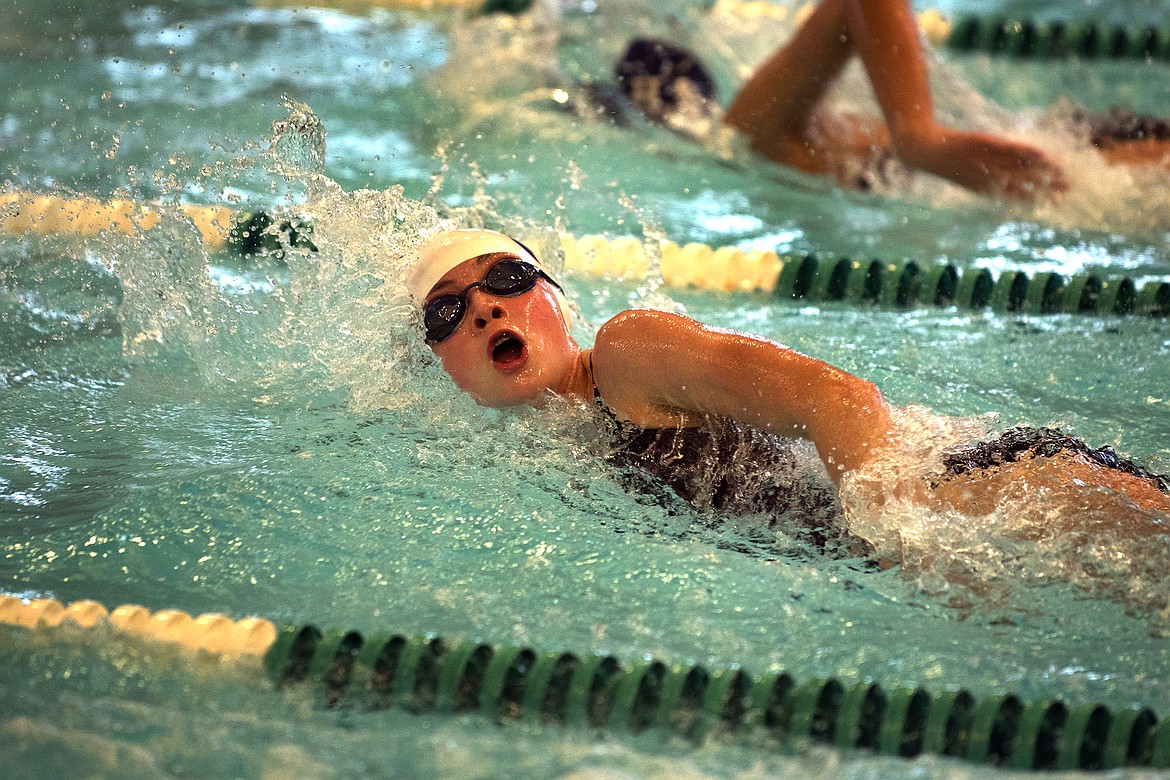 Columbia Falls swimmer Kailey Schrader competes in the 50 yard freestyle at the Kalispell Invitational Saturday. Schrader finished 12th in the event. (Jeremy Weber photo)