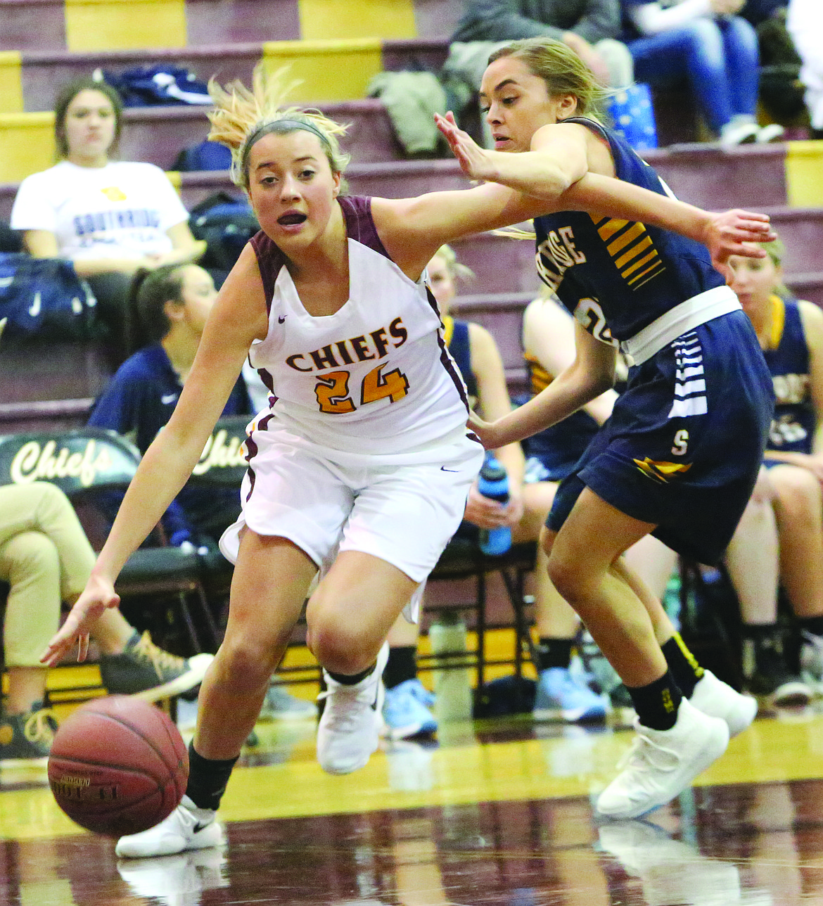 Connor Vanderweyst/Columbia Basin Herald
Moses Lake guard Madisyn Clark drives to the basket against Southridge. Clark scored 14 points off the bench.