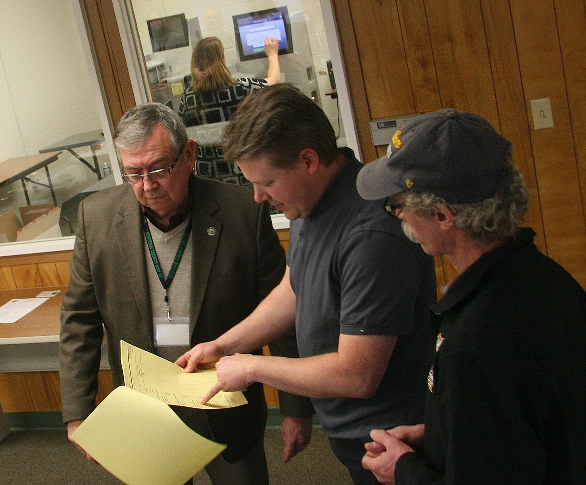 (BRIAN WALKER/Hagadone News Network)
Spirit Lake Fire Candidat Jonathan Hall, center, asks Kootenai County Clerk Jim Brannon a question during the recount process on Wednesday. On the right is John Bartholomew, president of the Spirit Lake Firefighters Union Local 4336.