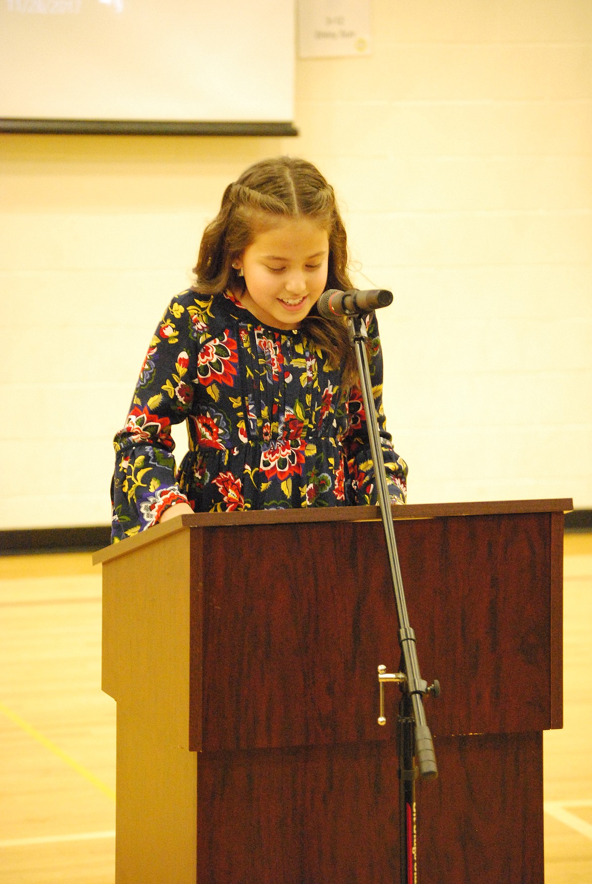 Bob Kirkpatrick/The Sun Tribune - Wahitis Elementary School fifth-grader Jaidalyn Low speaks during the award ceremony Tuesday to mark Wahitis&#146; designation as a &#145;School of Distinction&#146; for the second year in a row.