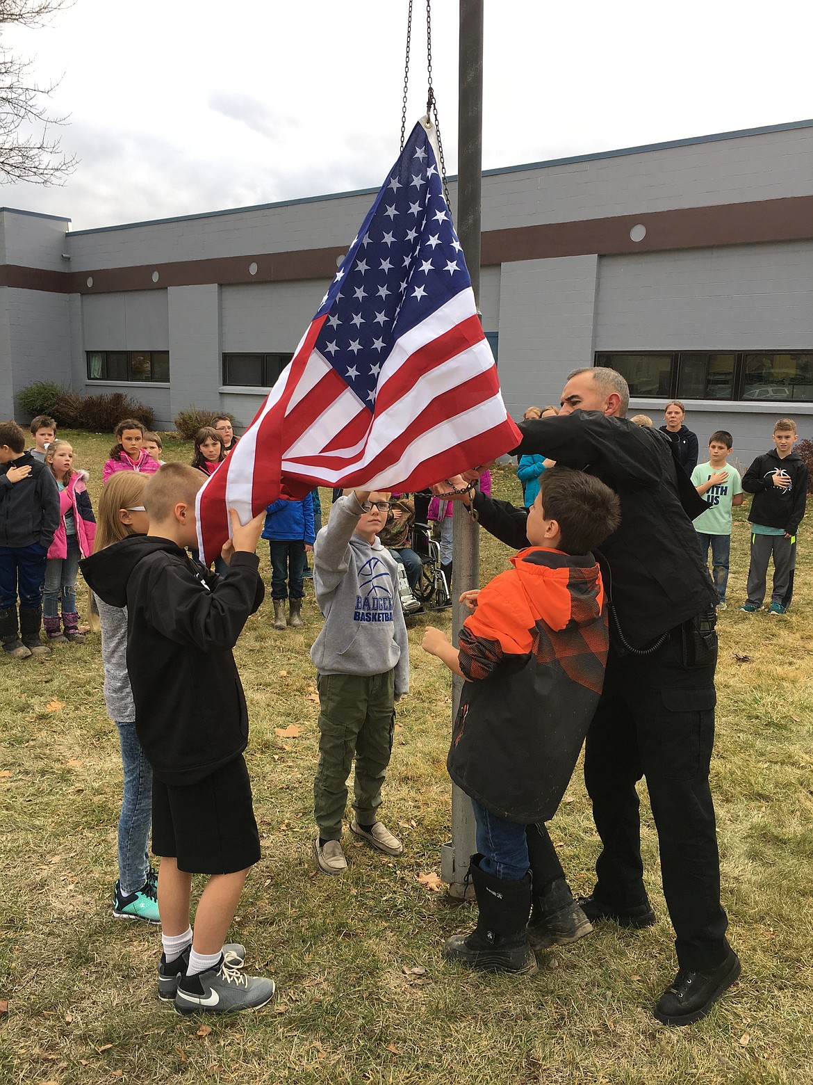 Manny Figueroa donated his time to educate the VVES students on how to lower and raise the new flags, purchased by the fifth grade Leader-ship Class.

Courtesy photos