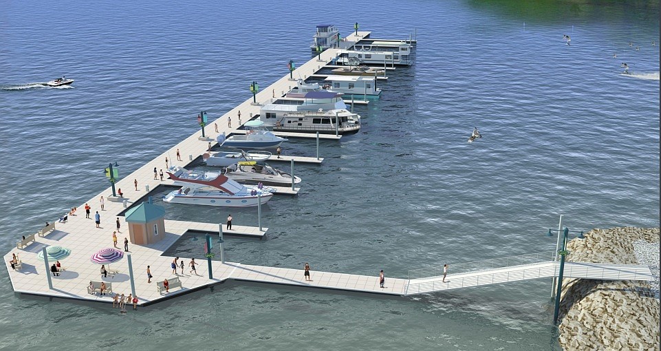 This rendering shows the overall view of how both phases of the Harrison breakwater will look. It will feature inside slips and allow for larger boat owners to tie down on the outside. (Courtesy of Kootenai County)