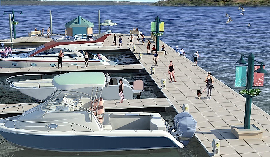 This rendering shows how amenities such as lighting and boat slips are planned for the second phase of Kootenai County's Harrison breakwater replacement project. (Courtesy of Kootenai County)