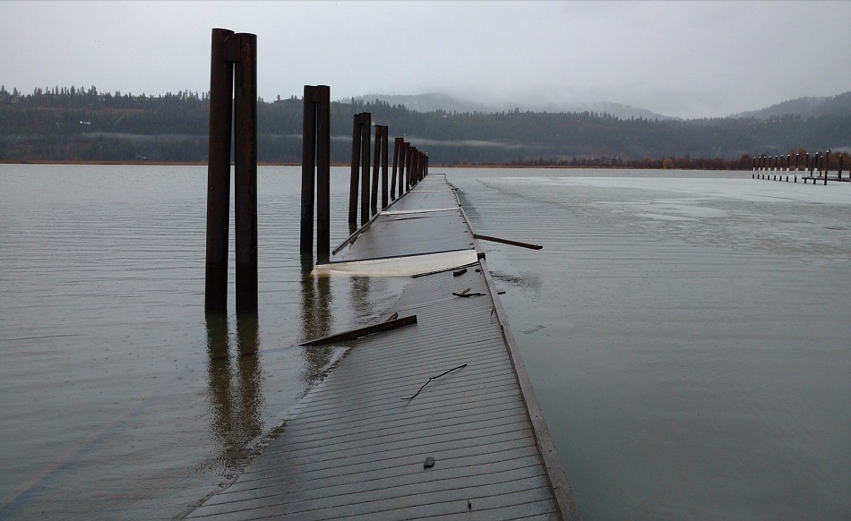 The existing wooden breakwater structure at Harrison sustained heavy ice damage last spring, forcing Kootenai County to file an insurance claim for the first time with any of its docks. The structure received repairs before last summer's boating season as a temporary fix. (Photo courtesy of Kootenai County)