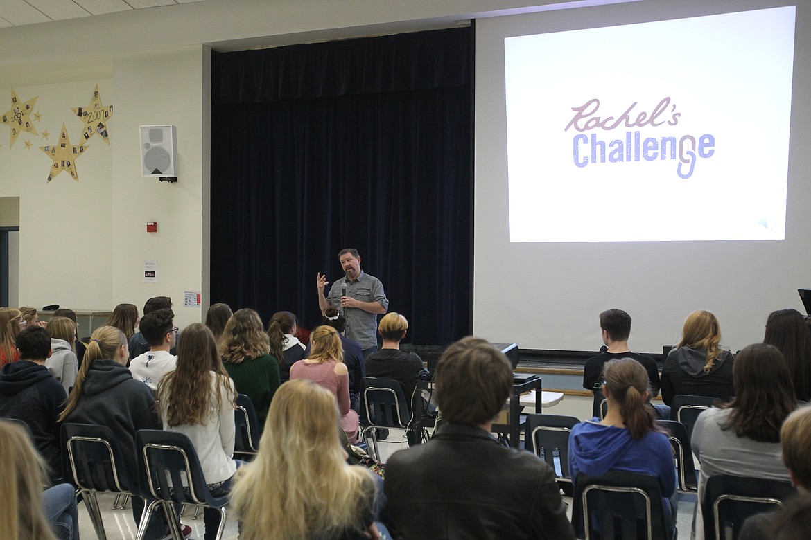 Larry Scott, the uncle of the first victim of the 1999 Columbine school massacre, 17-year-old Rachel Scott, speaks with 75 Timberlake students during a meeting in the school cafeteria Tuesday afternoon. Through Rachel's Challenge, the Scott family and others go around the world to promote positive atmospheres in schools and work toward conquering the bullying epidemic. (DEVIN WEEKS/Press)