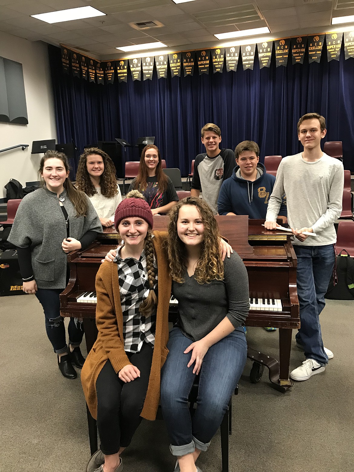 Courtesy photo
(Front row, from left) Carolin Bigwood, Kati Jolley, (back row, from left) Claire Smith, Grace Selmann, Rachel Law, Jackson Aronsohn, Martin Skaug and Nick Cammack will represent Moses Lake High School at the All-State music festival in mid-February.
