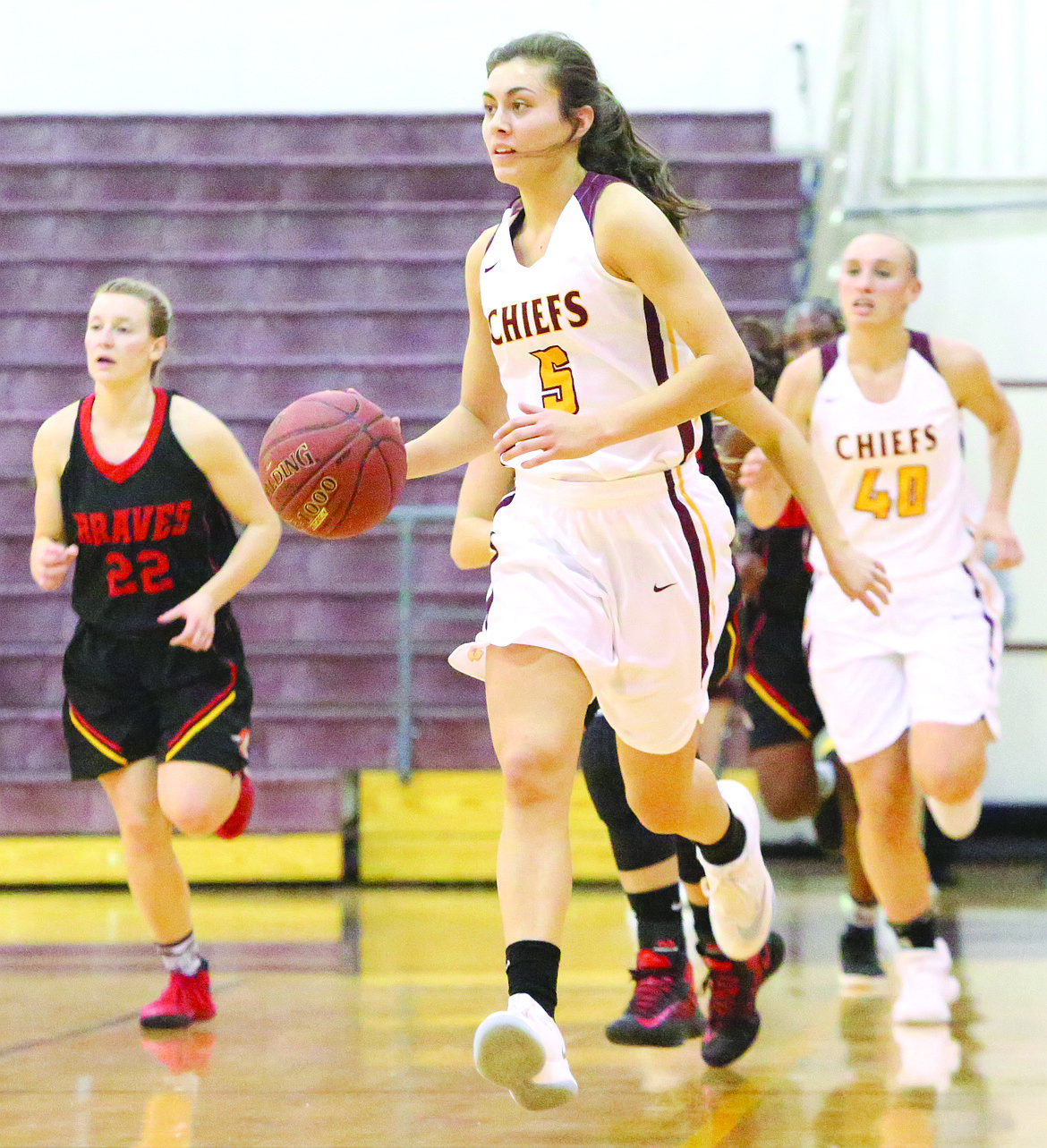 Connor Vanderweyst/Columbia Basin Herald
Moses Lake point guard Jamie Loera dribbles up the court against Kamiakin.