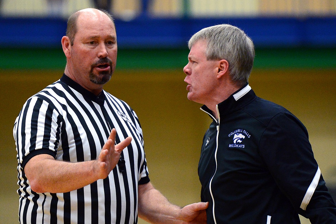 Columbia Falls girls basketball head coach Cary Finberg reacts after receiving a technical foul in the first half against Glacier. (Casey Kreider/Daily Inter Lake)