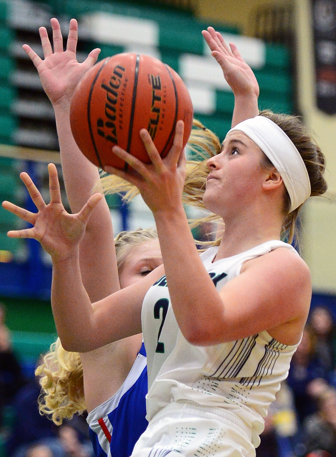 Glacier&#146;s Ellie Stevens drives to the hoop against Columbia Falls. (Casey Kreider/Daily Inter Lake)