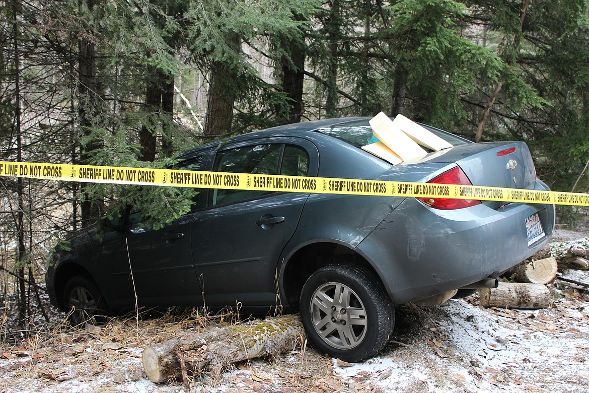 Photo by Chanse Watson/ 
The crashed vehicle the three girls were in last night when they hit ice and slid off the road. This is where Gall got out and started waking. There was no major damage to the car and the three occupants were not injured.