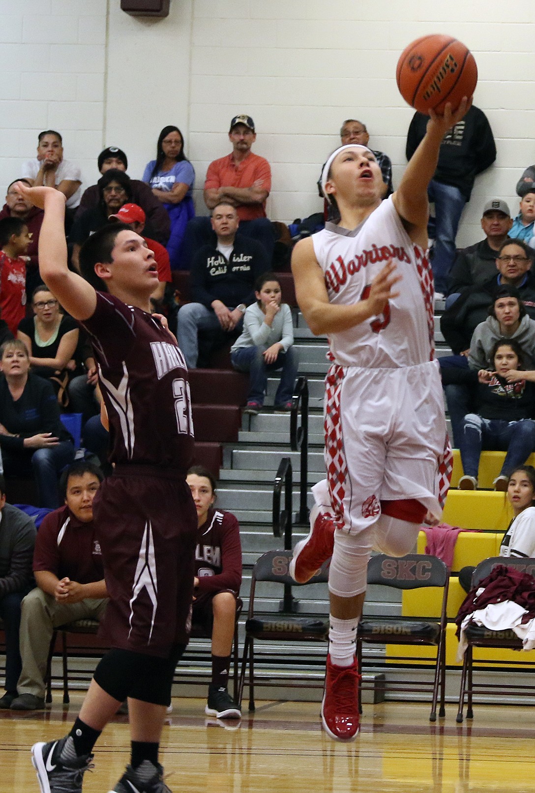 ARLEE GUARD Will Mesteth drives to the lane during Friday night&#146;s contest against Rocky Boy in the Warriors&#146; first game of the Native American Classic at Joe McDonald Gym at Salish Kootenai College. (photo courtesy of Bob Gunderson)