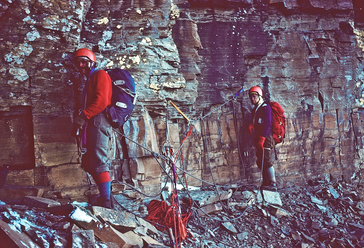 Jim Kanzler, left and Terry Kennedy prepare to bivouac on the north face of Mount Cleveland. (Photo courtesy of Steve Jackson)