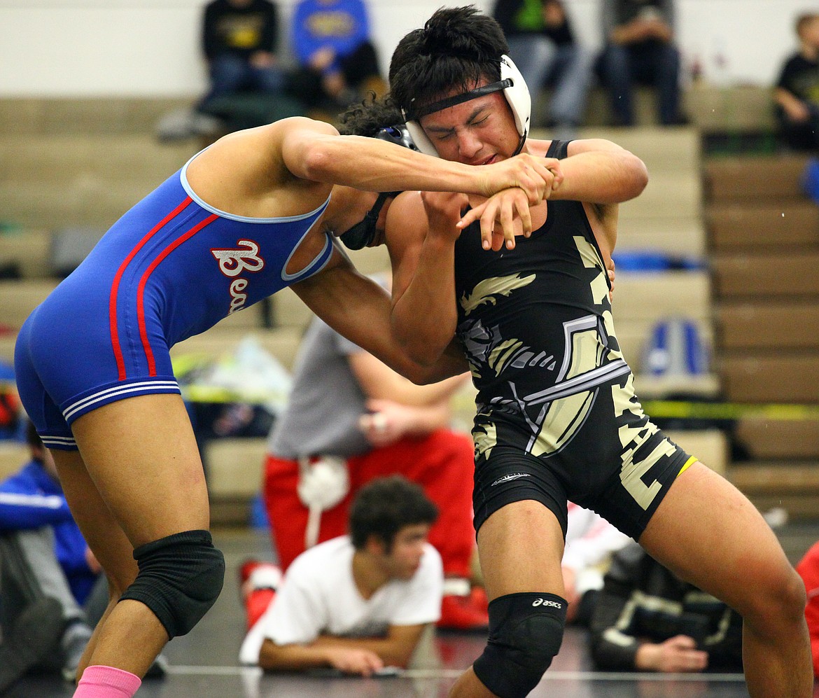 Rodney Harwood/Columbia Basin Herald
Royal's Yahir Morales works against Angel DelAngel of Ki-Be during the 126-pound championship match Wednesday at the Royal Invitational.