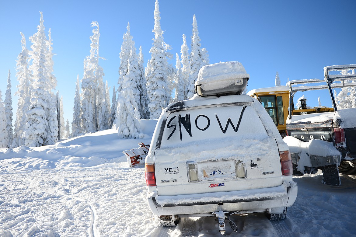 &#147;Snow&#148; written on the back windshield of a vehicle near the lodge at Blacktail Mountain Ski Area&#146;s opening day Saturday, Dec. 23. (Casey Kreider/Daily Inter Lake)