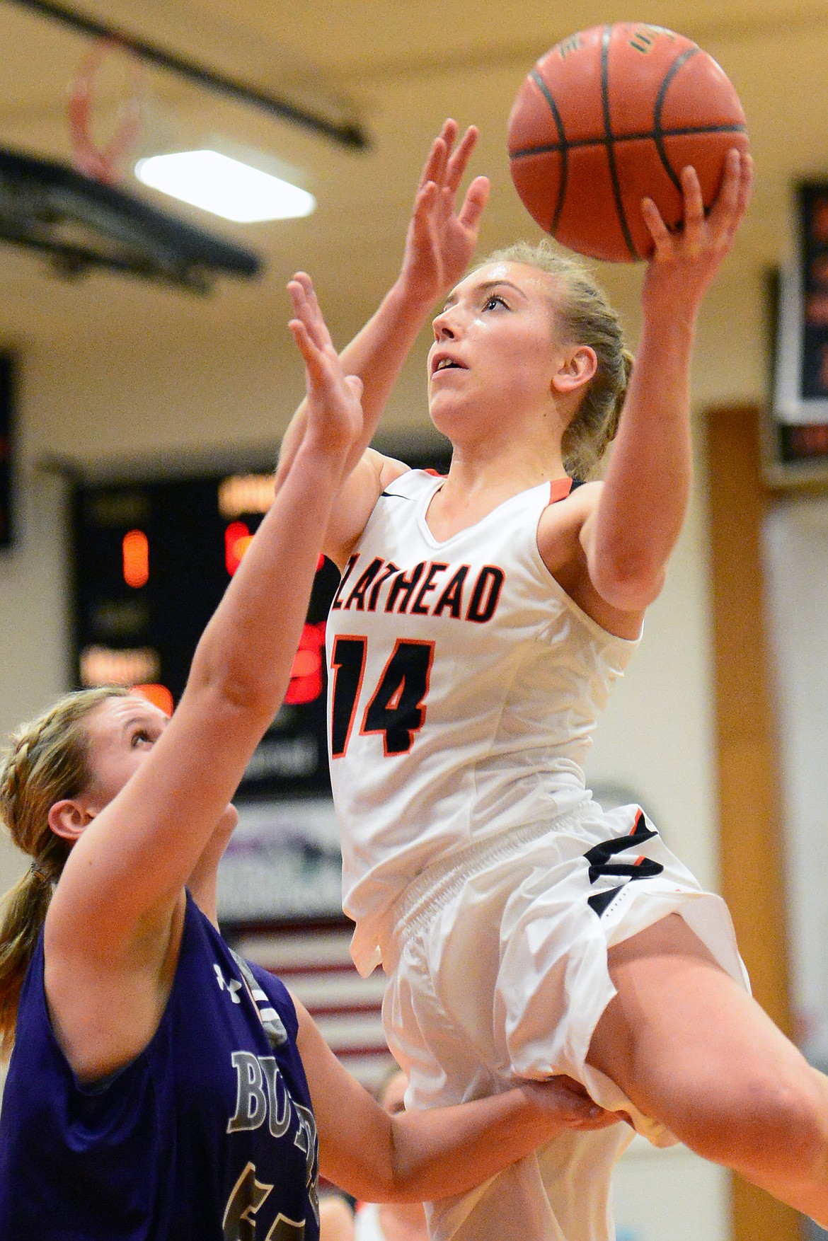 Flathead&#146;s Mary Heaton looks to shoot with Butte&#146;s Brittany Tierney defending. (Casey Kreider/Daily Inter Lake)
