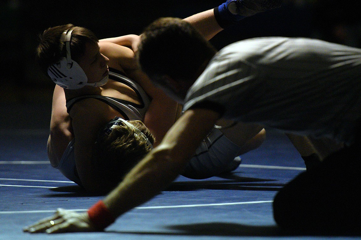 Missoula Sentinel&#146;s Novik Thomas, top, wrestles Glacier&#146;s Kael Willis at 113 lbs. Willis won by decision. (Casey Kreider/Daily Inter Lake)