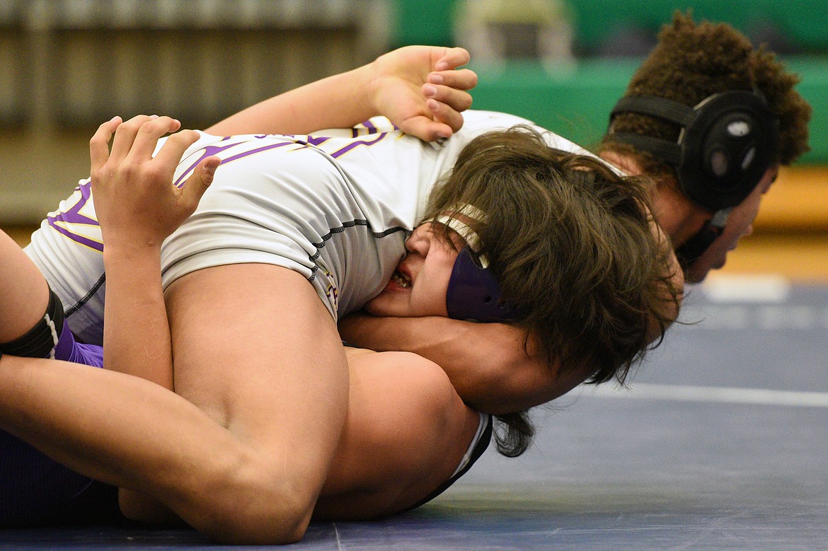 Missoula Sentinel&#146;s Dre Davis, top, pins Polson&#146;s Caleb Pierre at 170 lbs. (Casey Kreider/Daily Inter Lake)