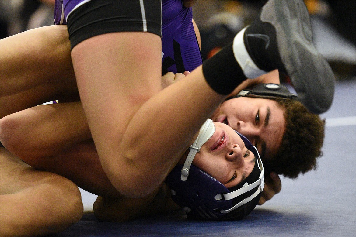 Missoula Sentinel&#146;s Dre Davis, back, works towards a pin of Polson&#146;s Caleb Pierre at 170 lbs. (Casey Kreider/Daily Inter Lake)