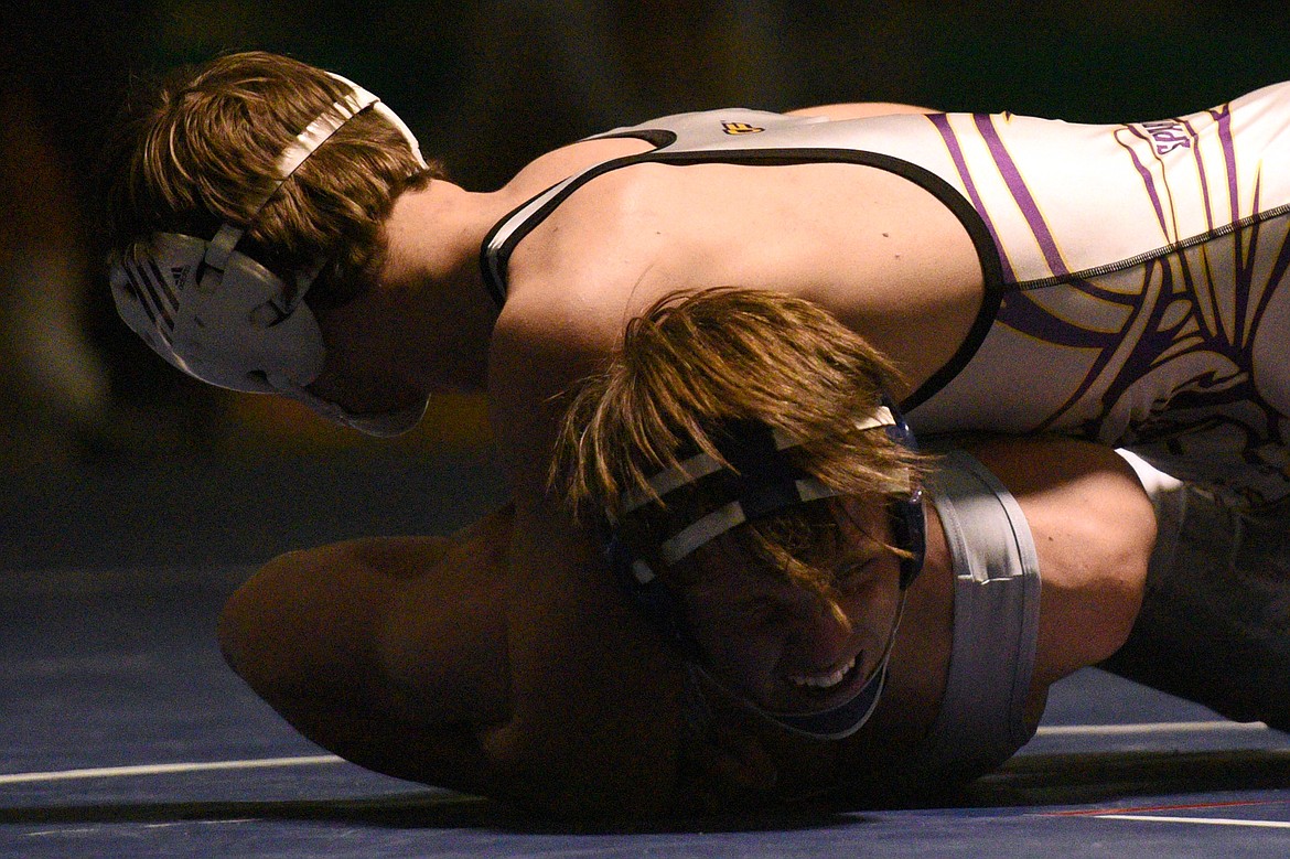 Missoula Sentinel&#146;s Reece Eckley wrestles Glacier&#146;s Rueger Baier at 138 lbs. Eckley won by pin. (Casey Kreider/Daily Inter Lake)