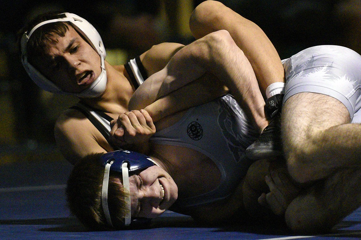 Missoula Sentinel&#146;s Dakota Thomas, top, wrestles Glacier&#146;s Tristan Little at 120 lbs. Thomas won by decision. (Casey Kreider/Daily Inter Lake)