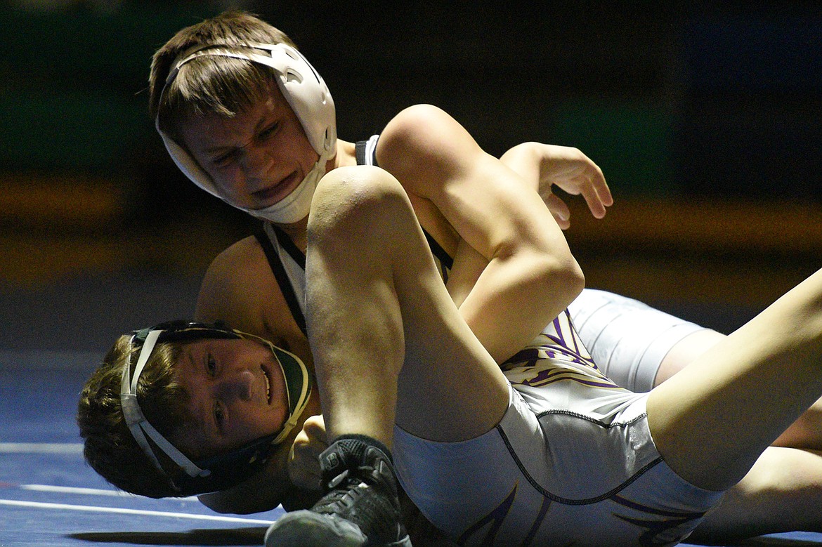 Missoula Sentinel&#146;s Novik Thomas, top, wrestles Glacier&#146;s Kael Willis at 113 lbs. Willis won by decision. (Casey Kreider/Daily Inter Lake)