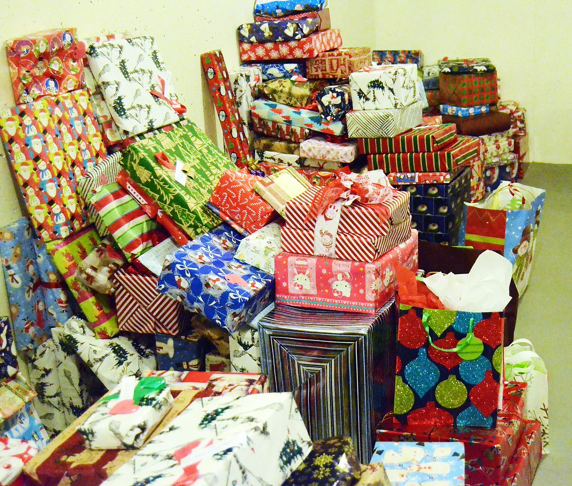 The basement of the Valley Bank in Thompson Falls was filled full of carefully wrapped presents for boys and girls this Christmas (Erin Jusseaume/ Clark Fork Valley Press)