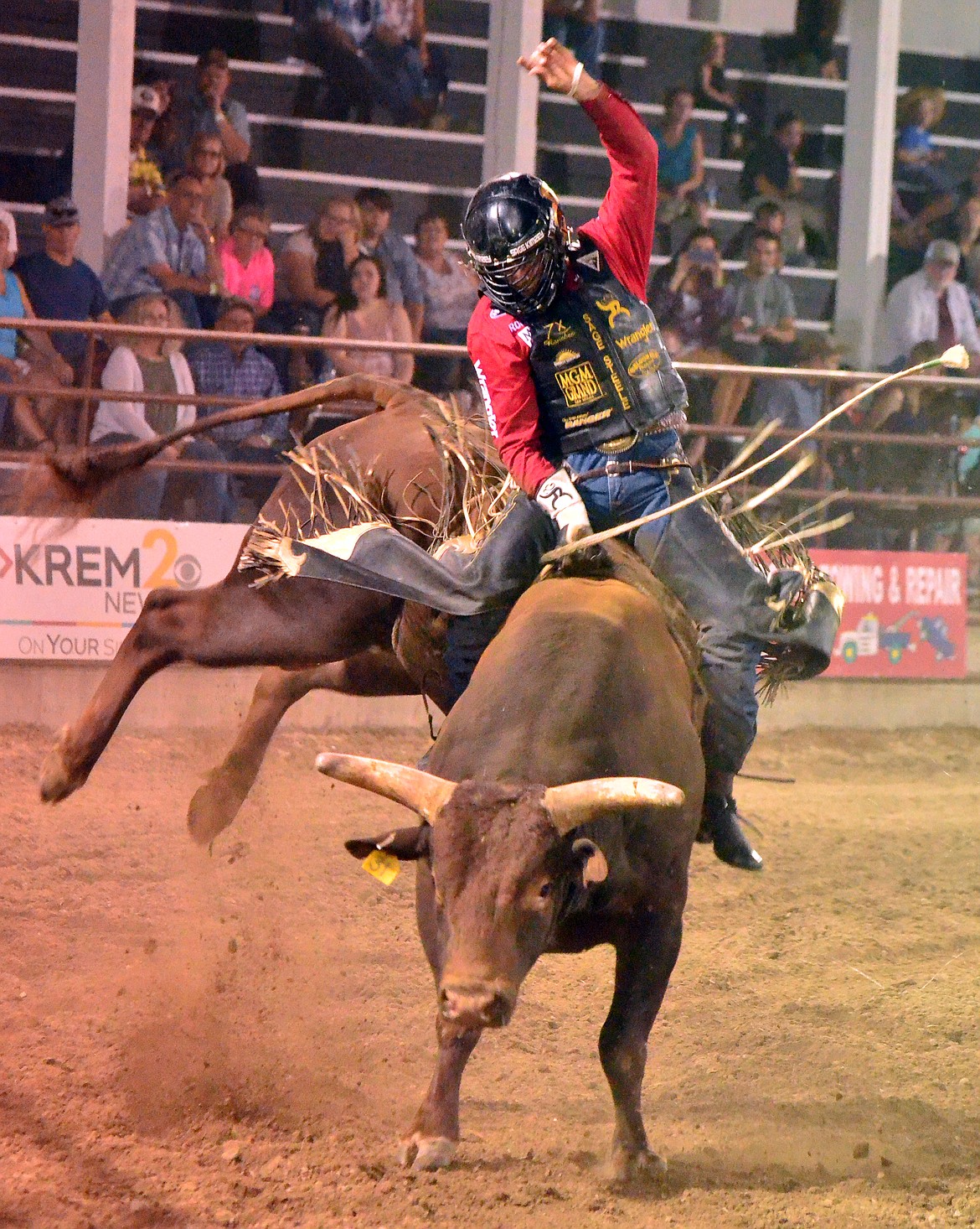 World Champion Bull Rider Sage Kimzey notching up another good ride in Plains as he prepares to round out the regular season. (Erin Jusseaume/ Clark Fork Valley Press)