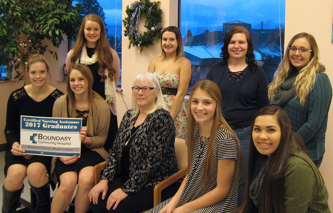 Courtesy photo
The Certified Nursing Assistant program is offered to Bonners Ferry High School students by Boundary Community Hospital in affiliation with North Idaho College. The 2017 graduates of the program include (back row from left) Kadi Bateman, Xanadu Belden, Irelynn Luckey, Ashley Guttin; and (front row from left) Miranda Wenk, MacKenzie Jackson, Tracey Maas, RN, Instructor, Maecie Liermann and Leilani Ram. (Missing from photo: Raelyn Abraham)