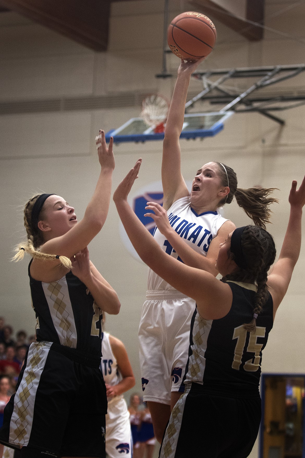 Hannah Gedlaman goes up for a running shot against Stevensville. (Jeremy Weber photo)