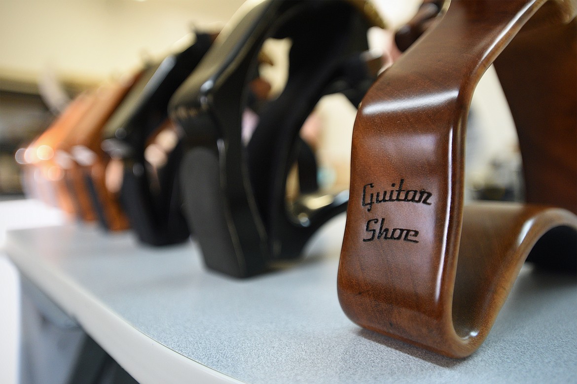 Guitar Shoes on display in the Kalispell workshop of inventor Brent Champion. The device aims to make guitar-playing more comfortable for musicians.