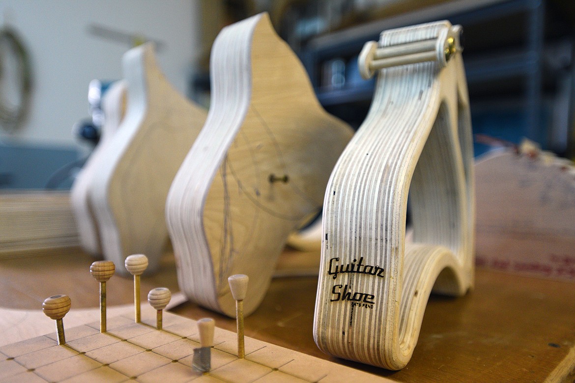 Guitar Shoe prototypes on display in Champion&#146;s workshop.