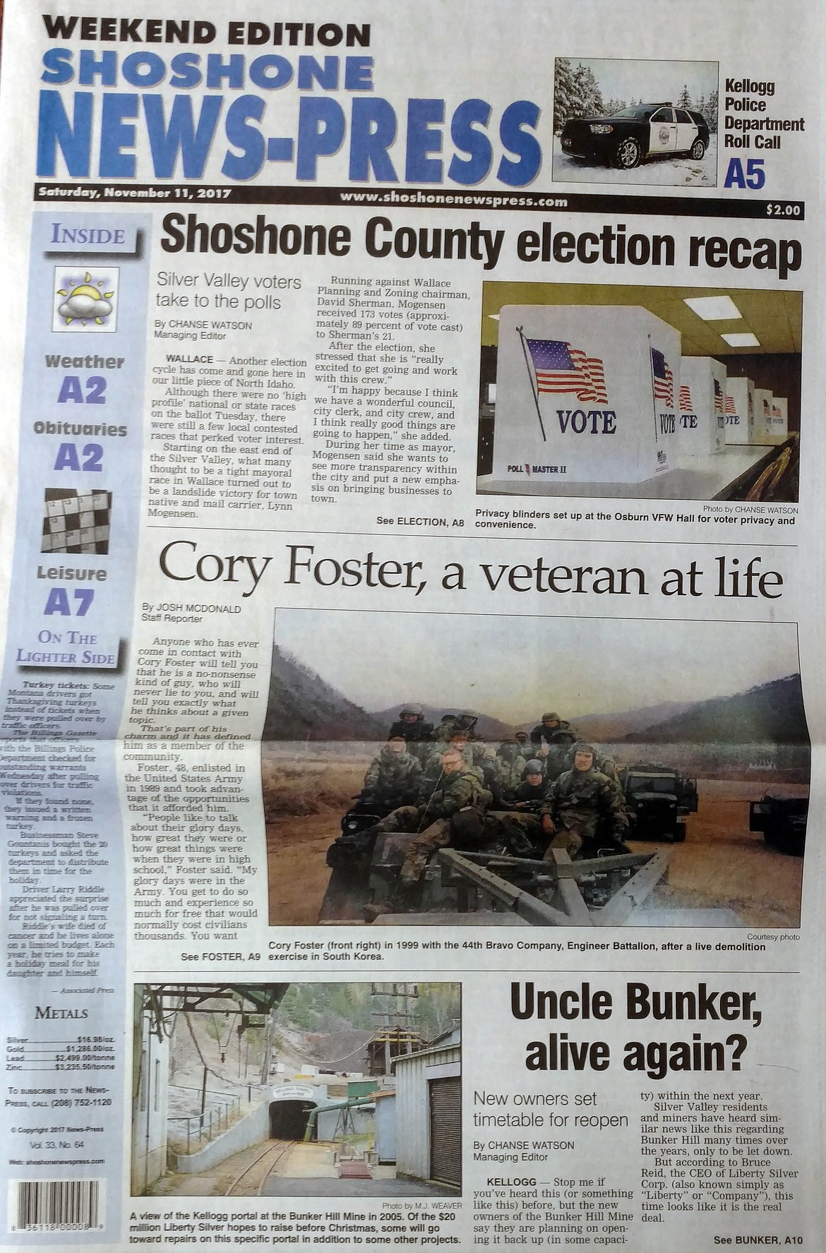 The Shoshone News-Press highlights local election results, local veterans, and the new owners of the Bunker Hill Mine all in one edition.