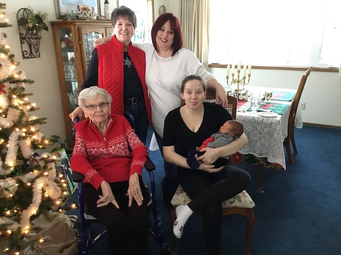 5 Generations: (in chronological order) Gideon Waldemar Truitt (5 days old), Haleigh Coles (mom to Gideon), Shannon Coles (mom to Haleigh), Kathleen Taylor (mom to Shannon) and Kathleen Davis (96 years old, mom to Kathleen).