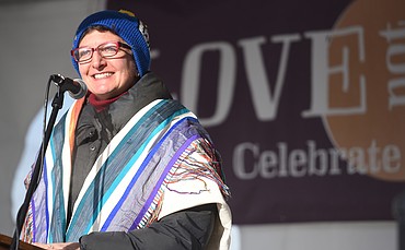 Rabbi Francine Green Roston speaks at the Love Not Hate event in downtown Whitefish on Jan. 7. Hundreds attended the gathering to celebrate diversity.