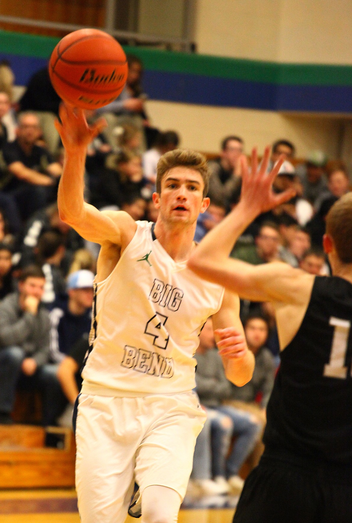 Rodney Harwood/Columbia Basin Herald
Blake Dittman kicks the ball outside after securing an offensive rebound during the first half of Big Bend's NWAC East opener against Wenatchee Valley.