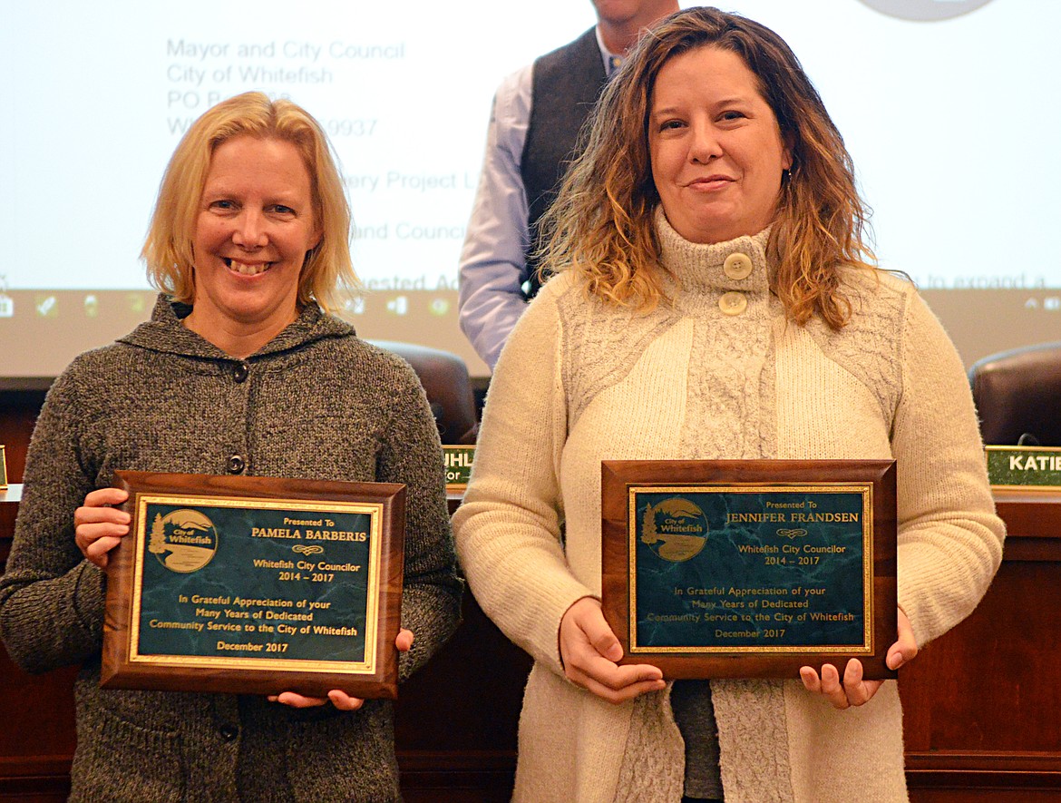 Outgoing City Councilors Pam Barberis and Jen Frandsen were honored last week for their service to the city of Whitefish. (Heidi Desch/Whitefish Pilot)