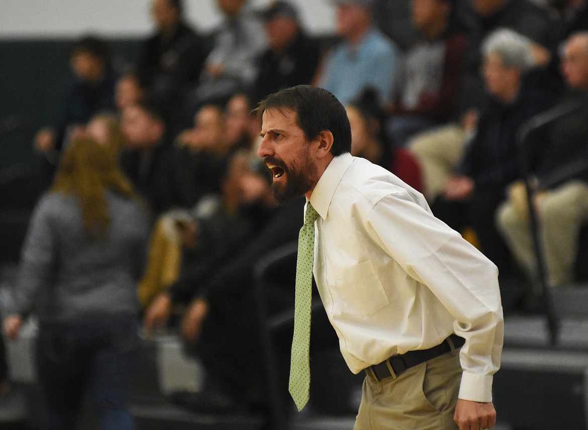 Bulldogs head coach Sean Duff is upset after a foul call during Tuesday&#146;s game against Ronan. (Daniel McKay/Whitefish Pilot)