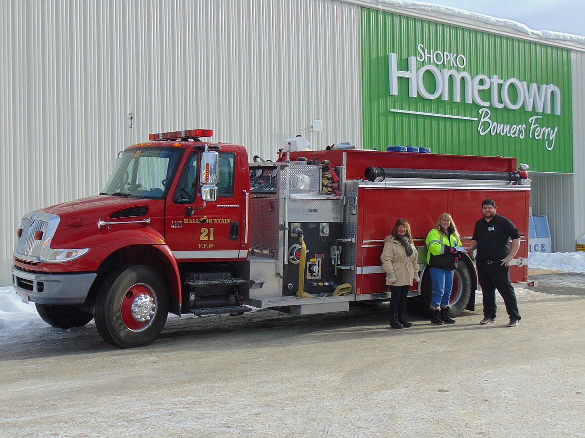 Hall Mountain Volunteer Fire Department received a $250 grant from Shopko Foundation&#146;s Community Charitable Grant program. 
Pictured: President of the Hall Mountain Volunteer Fire Association Ladies Auxiliary Justine Williams, Hall Mountain Volunteer Firefighter and EMT Sandy Steinhagen, and Bonners Ferry Shopko Store Manager Michael Washburn.

Courtesy photo