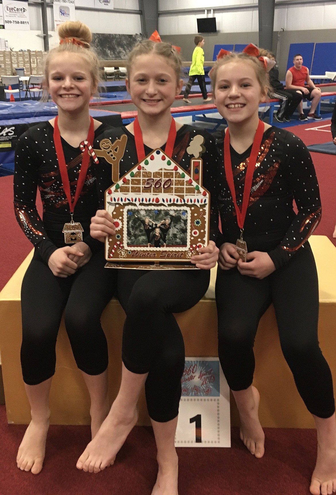 Courtesy photo
The Xcel Platinum team from North Idaho Gymnastics in Rathdrum won the team competition at the Winter Spirit meet the weekend of Jan. 6 in Clarkston. In the from left are Emily, Mattie and Dakota.