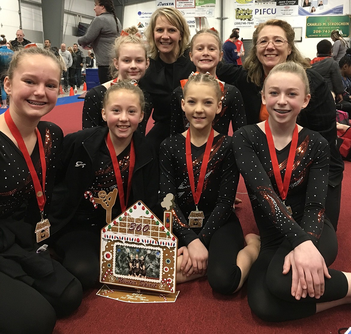 Courtesy photo
The Xcel Silver team from North Idaho Gymnastics in Rathdrum won the team competition at the Winter Classic meet the weekend of Jan. 6 in Clarkston. In the front row from left are Katie, Ellie, Cora and Taryn; and back row from left, Kelsie, coach Jenn, Josie and coach Marcia.