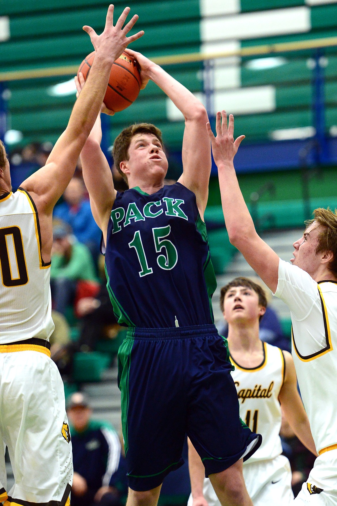 Glacier&#146;s Drew Engellant looks to shoot in the fourth quarter of a 44-38 win over Helena Capital at Glacier High School on Saturday. (Casey Kreider/Daily Inter Lake)